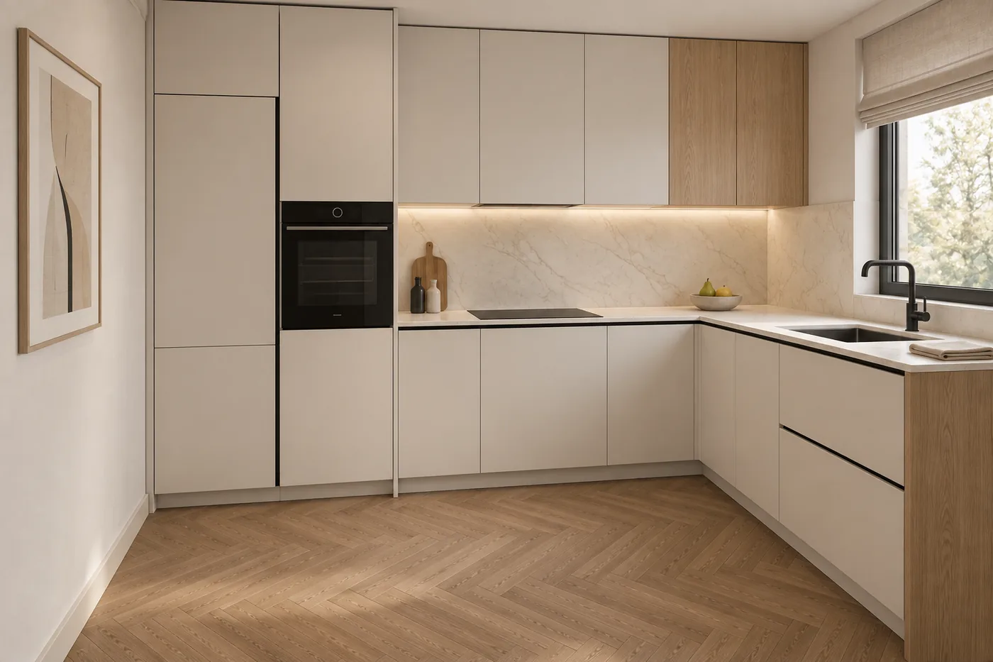 Randare 3D a bucătăriei Ivory Lines, cu fronturi crem și blat din piatră.