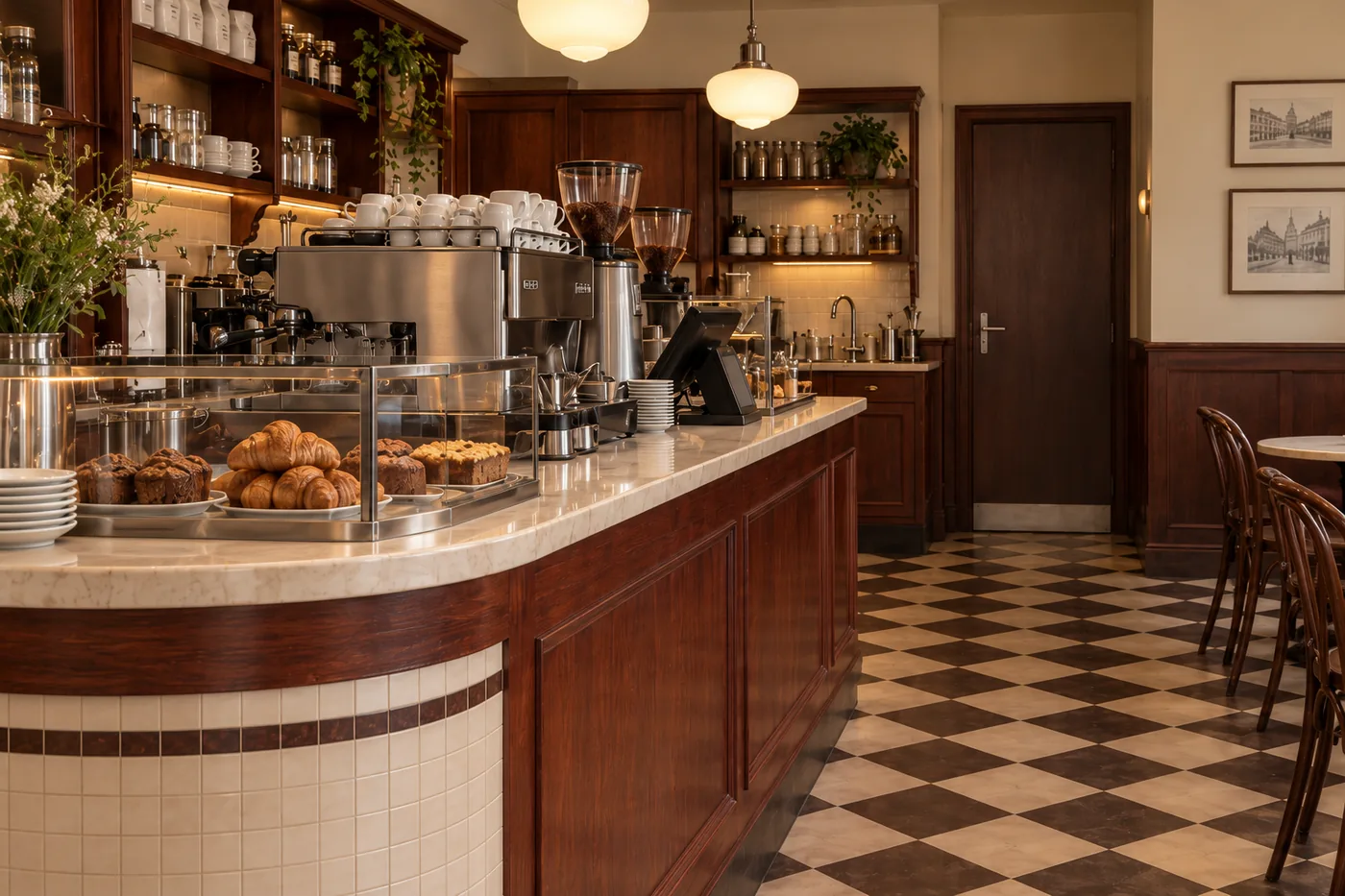 3D render of the Cherry Corner counter, with an espresso machine and pastry display.