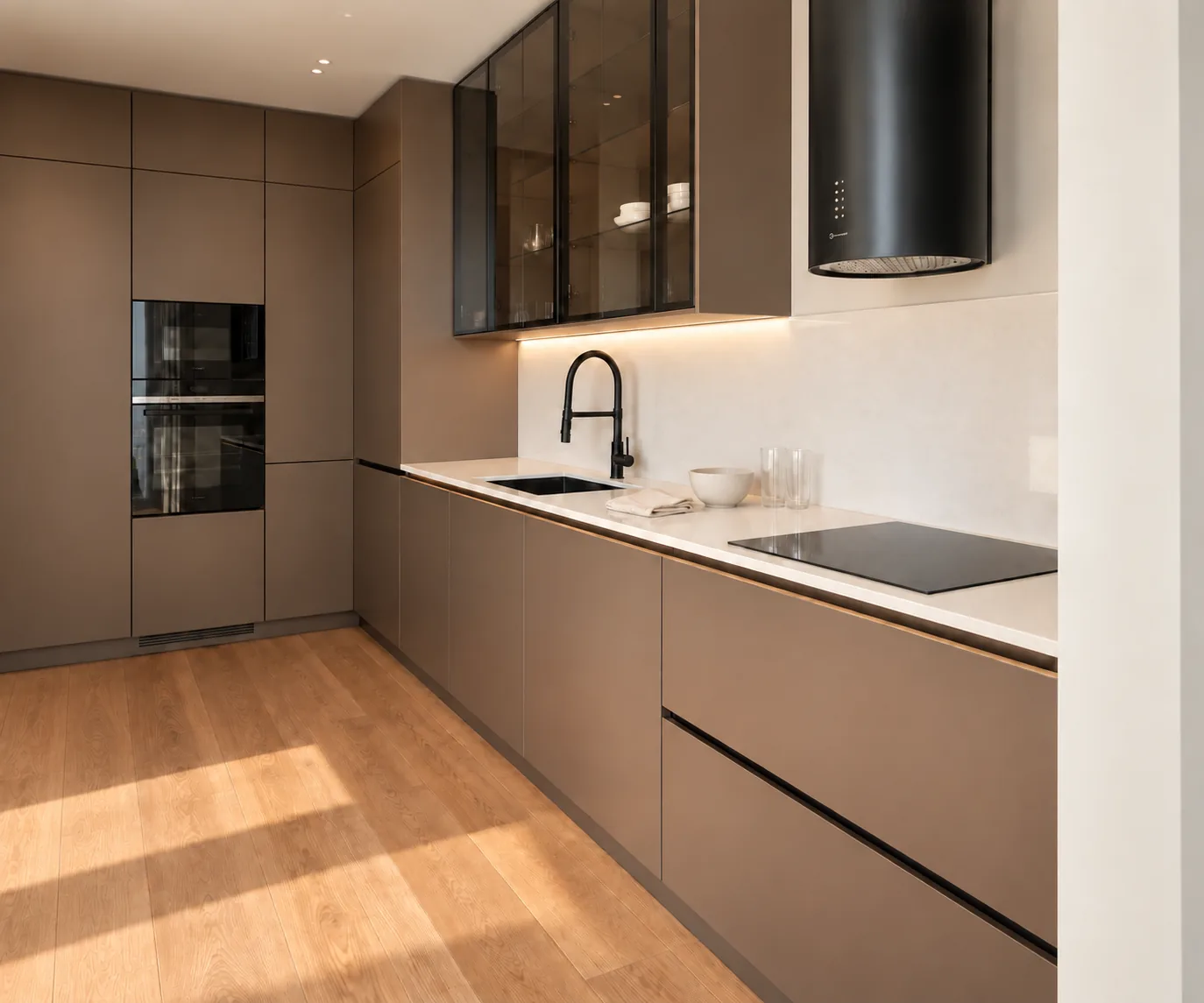 Randare 3D a bucătăriei: mobilier brun-taupe, vitrine fumurii și blat deschis.