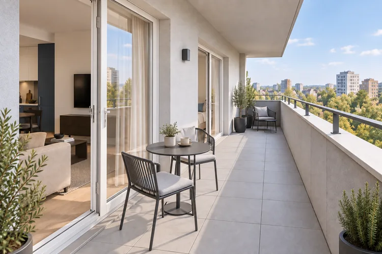 Randare 3D a balconului Daylight Blue, cu masă lângă living și fotoliu spre dormitor.