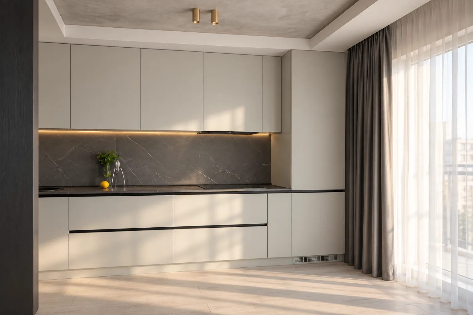 Randare 3D frontală a bucătăriei, cu mobilier mat, piatră grafit și lumină integrată.