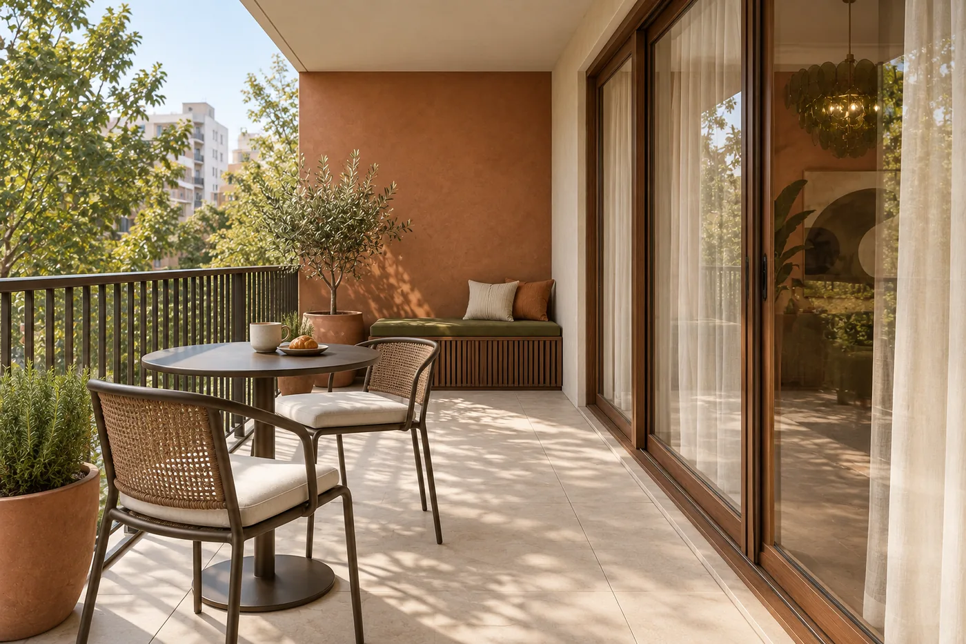 Randare 3D a balconului Nature Rhythm, cu banchetă verde și masă pentru cafea.