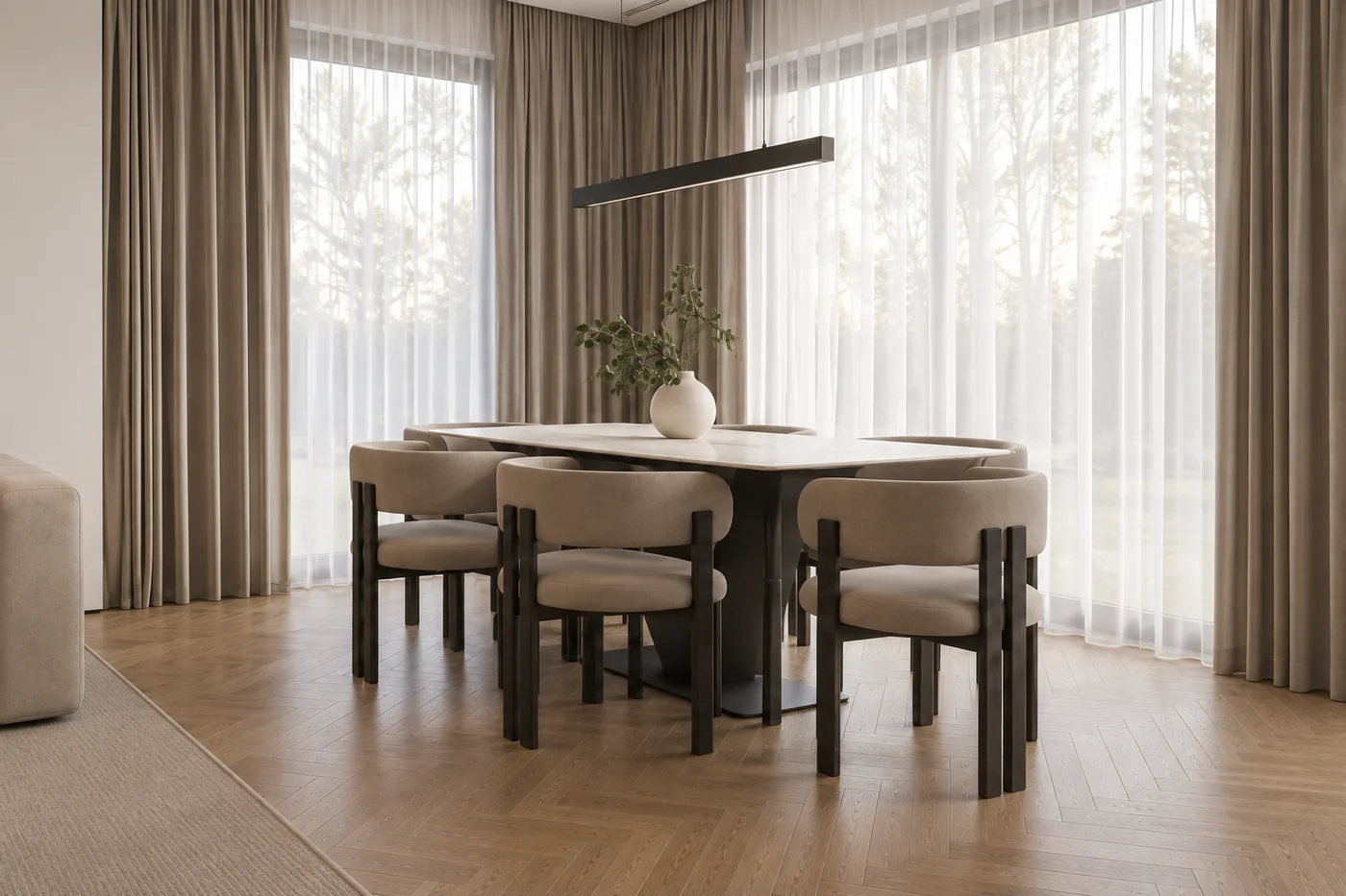 Randare 3D a mesei Ivory Lines, cu scaune tapițate și perdele pe pereți alăturați.