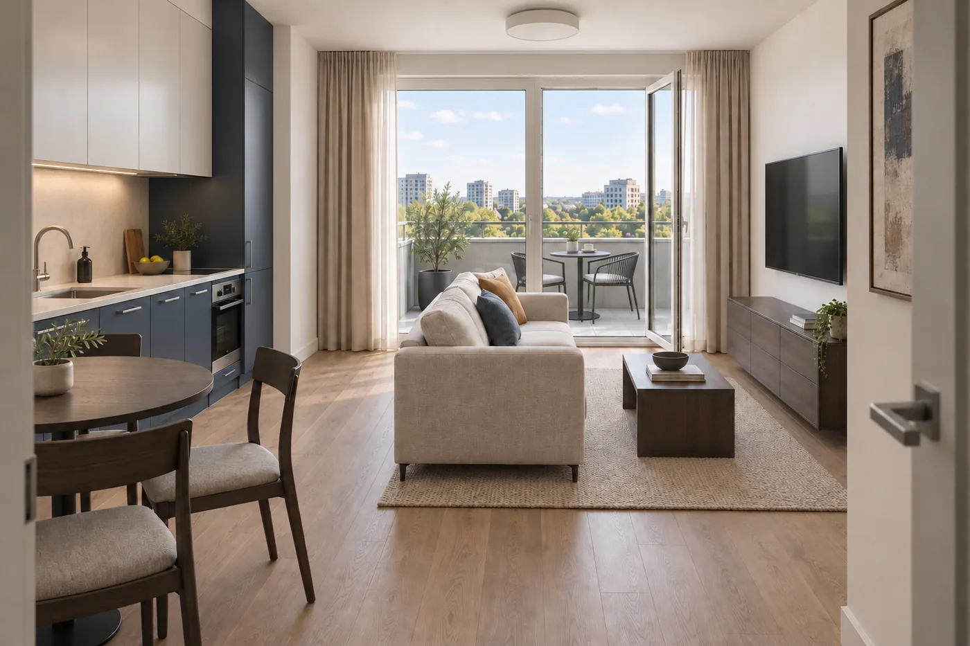 Randare 3D a livingului Daylight Blue, cu canapea în fața televizorului și lumină dinspre balcon.