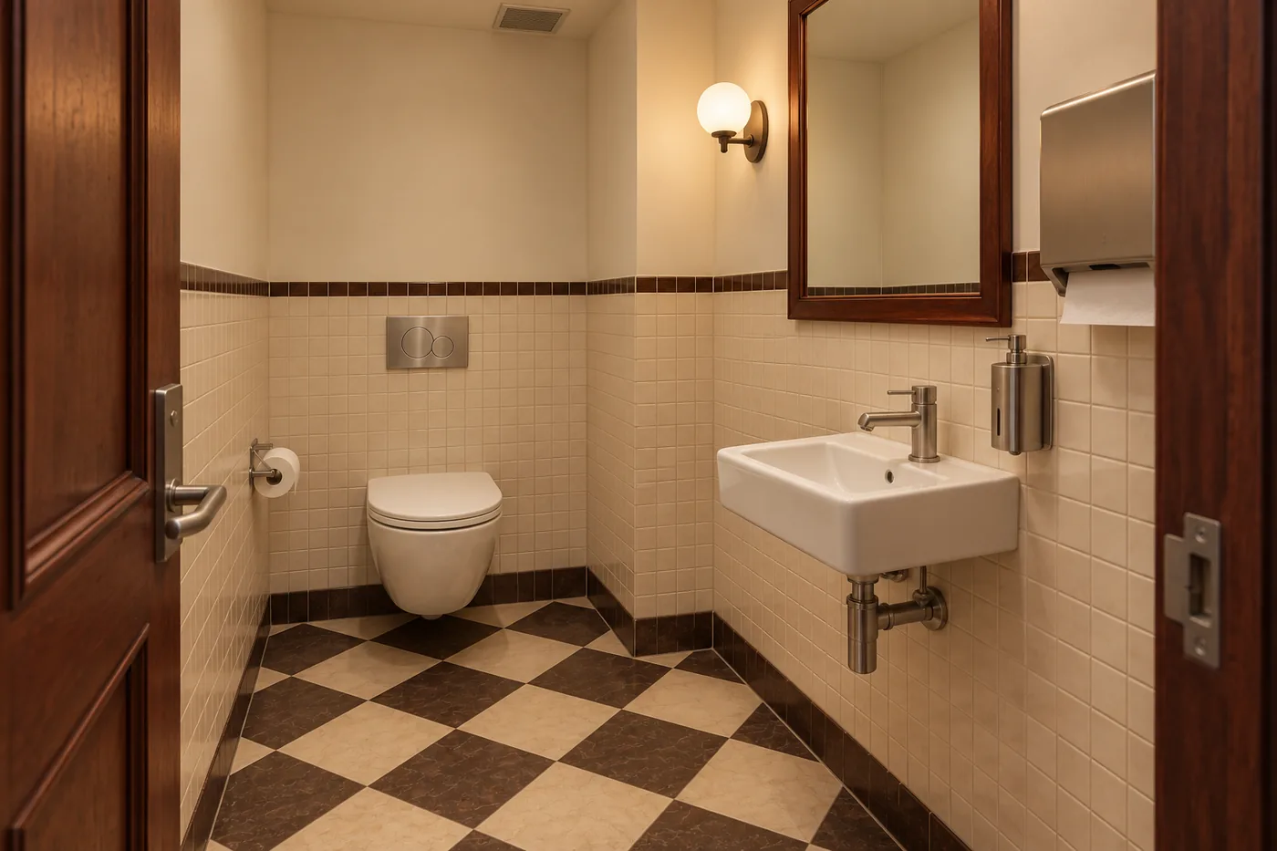 3D render of the Cherry Corner restroom, with a basin and chequered floor.