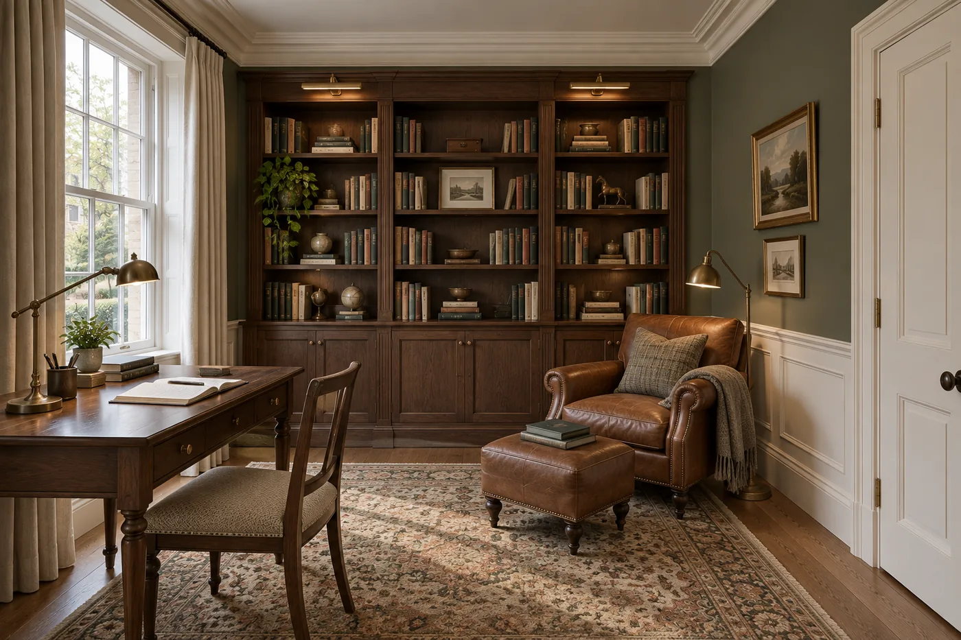 Randare 3D a bibliotecii Quiet Heritage, cu pereți verzi și birou din lemn.