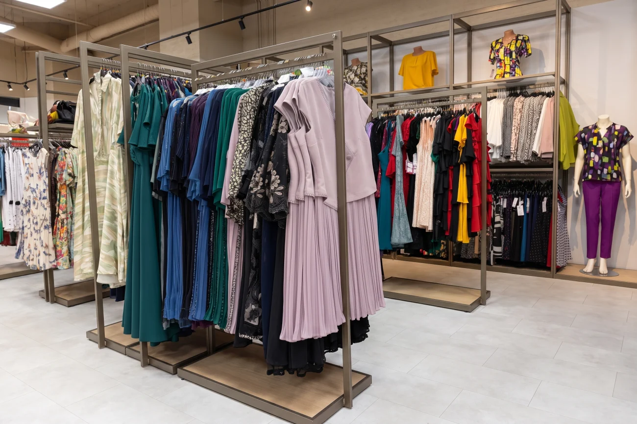 Rafturile magazinului Liliana Trade, cu marfa aranjată pe culori