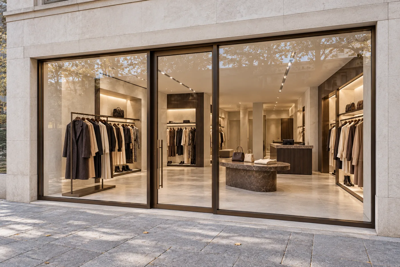 Randare 3D a vitrinei Sable Atelier, cu intrare centrală și magazinul vizibil prin sticlă.