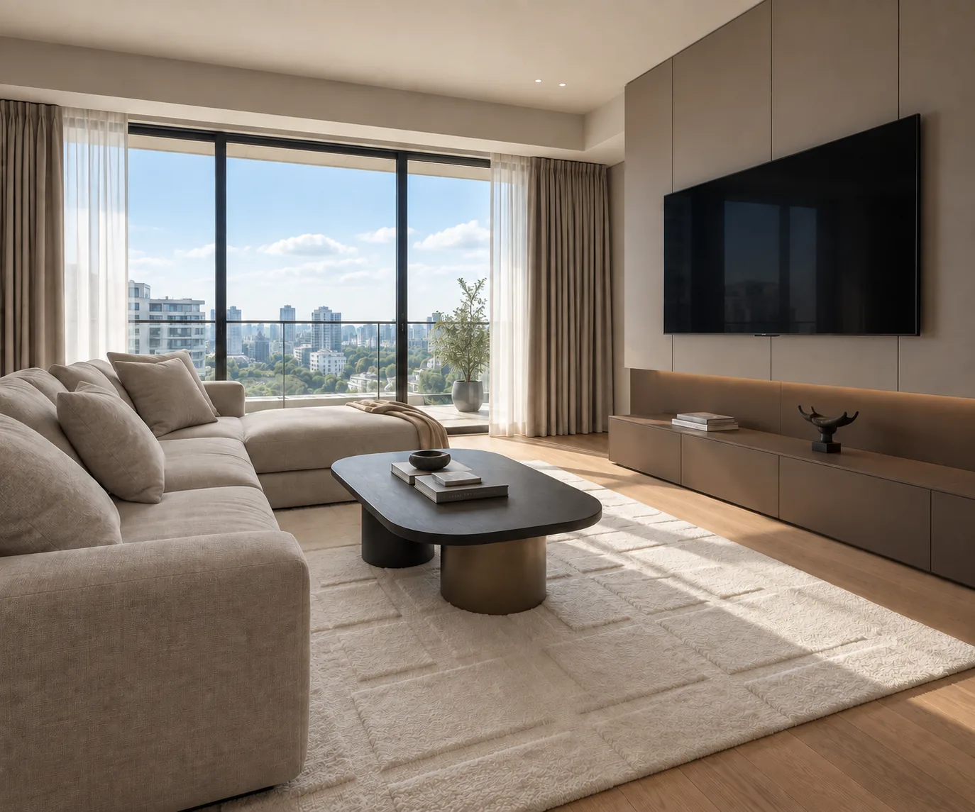 Randare 3D a livingului Upper Light: canapea ivoire, mobilier din nuc și vitrarea balconului.