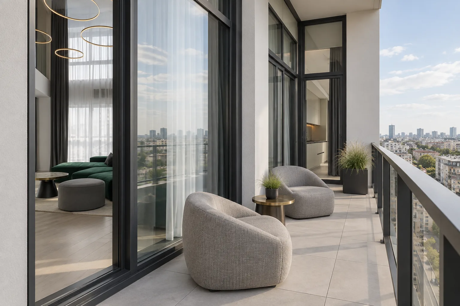 Randare 3D a balconului Emerald Halo, cu două fotolii, jardiniere și vedere urbană.