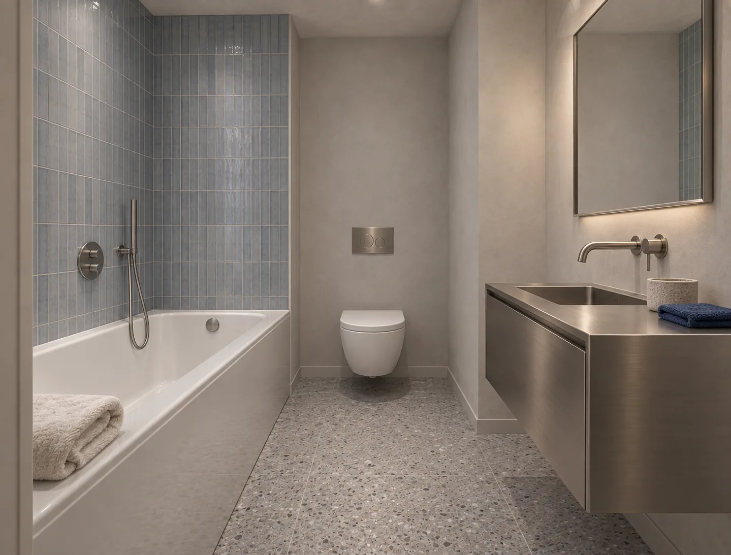 Randare 3D a băii: cadă, plăci bleu-gri și mobilier suspendat din inox.