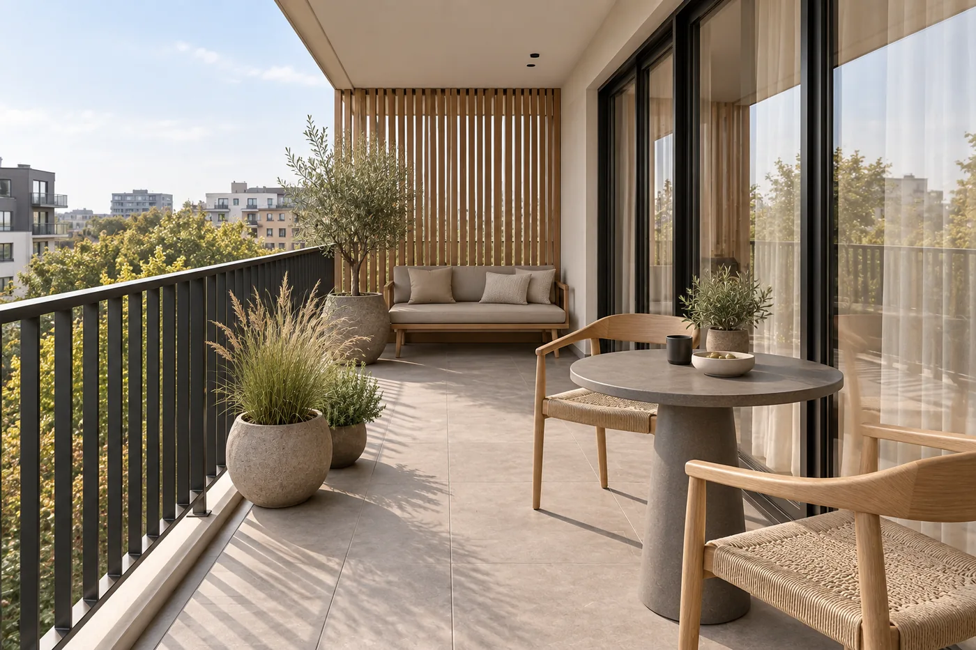 Randare 3D a balconului, cu masă și banchetă în Oak Shade.