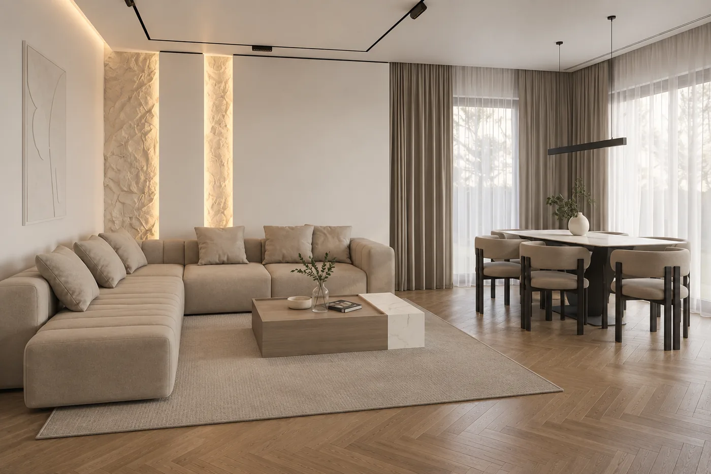 Randare 3D a livingului Ivory Lines, cu canapea crem și masă lângă ferestre.