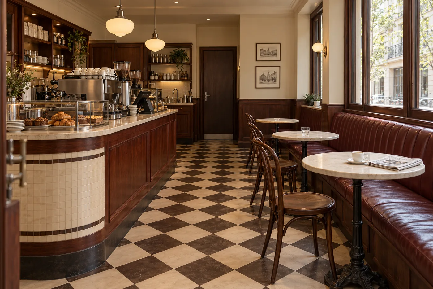 3D render of Cherry Corner cafe, with a timber counter and burgundy banquette.