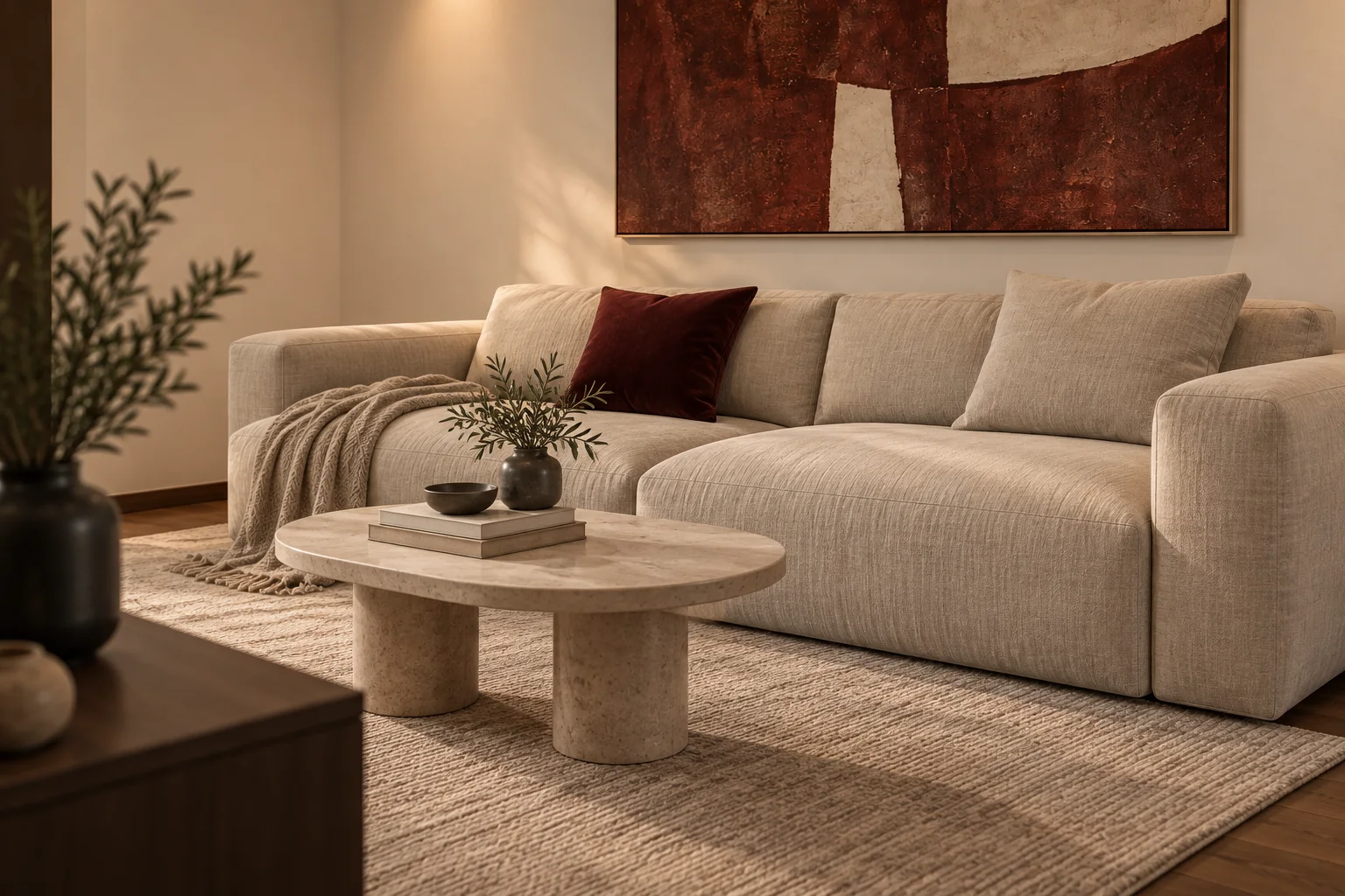 Randare 3D a livingului, cu canapeaua ivoire, lucrare abstractă și accente burgundy.