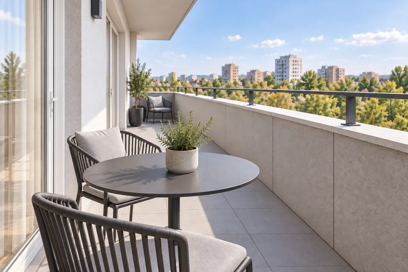 Randare 3D a mesei de pe balconul Daylight Blue, în lumina zilei.