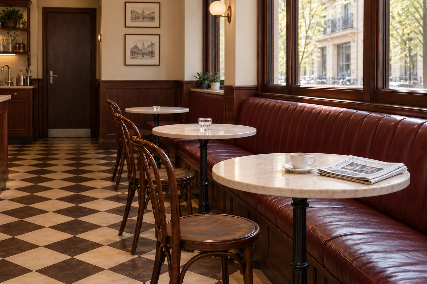 3D render of the window tables and burgundy banquette in Cherry Corner.
