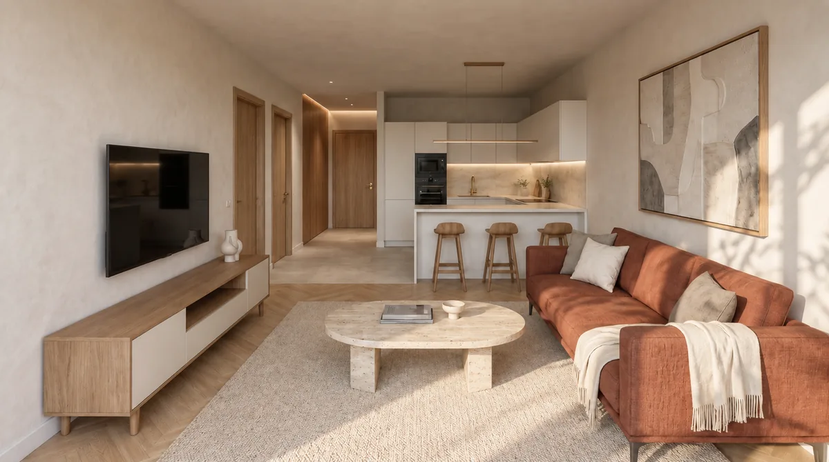 Randare 3D a livingului: canapea terracotta, măsuță de piatră, comodă de stejar și, în fundal, bucătăria.