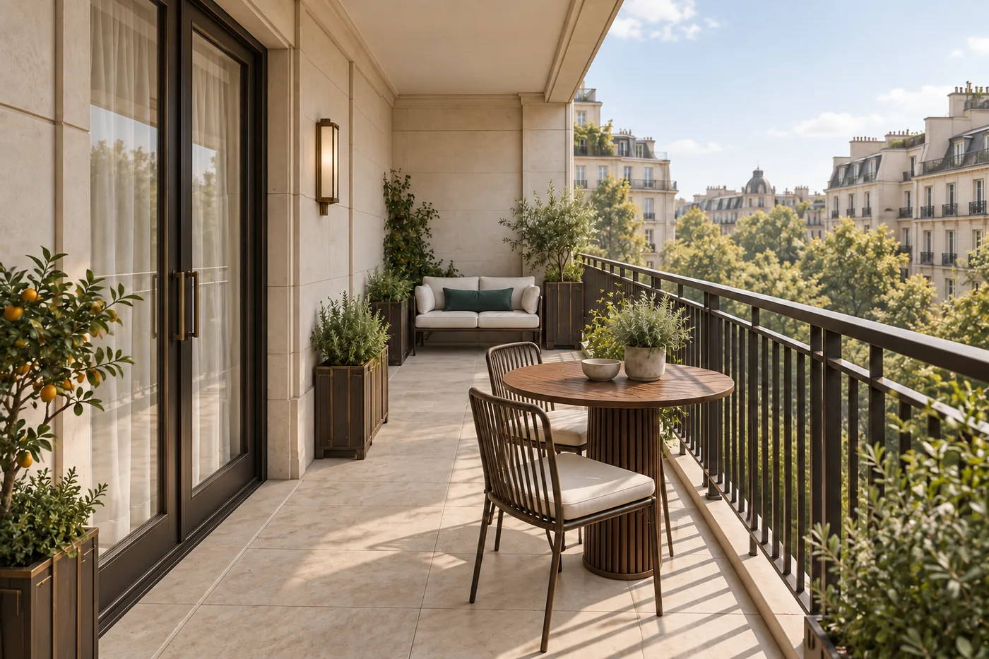 Randare 3D a balconului, cu masă și banchetă în Velvet Avenue.
