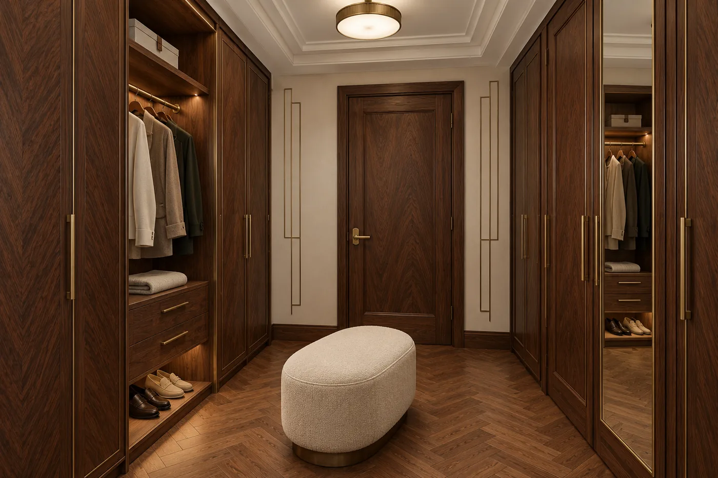 Randare 3D a dressingului, cu dulapuri din nuc și oglindă în Velvet Avenue.