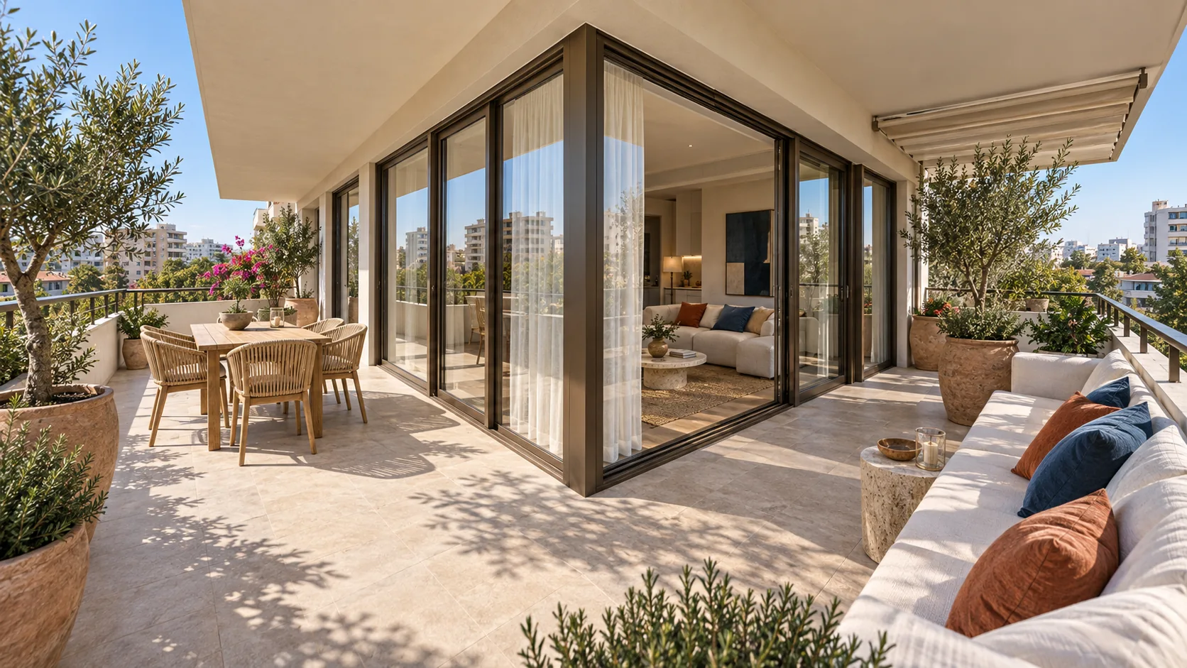 Randare 3D panoramică a balconului Casa Levante, cu loc de relaxare și vegetație.