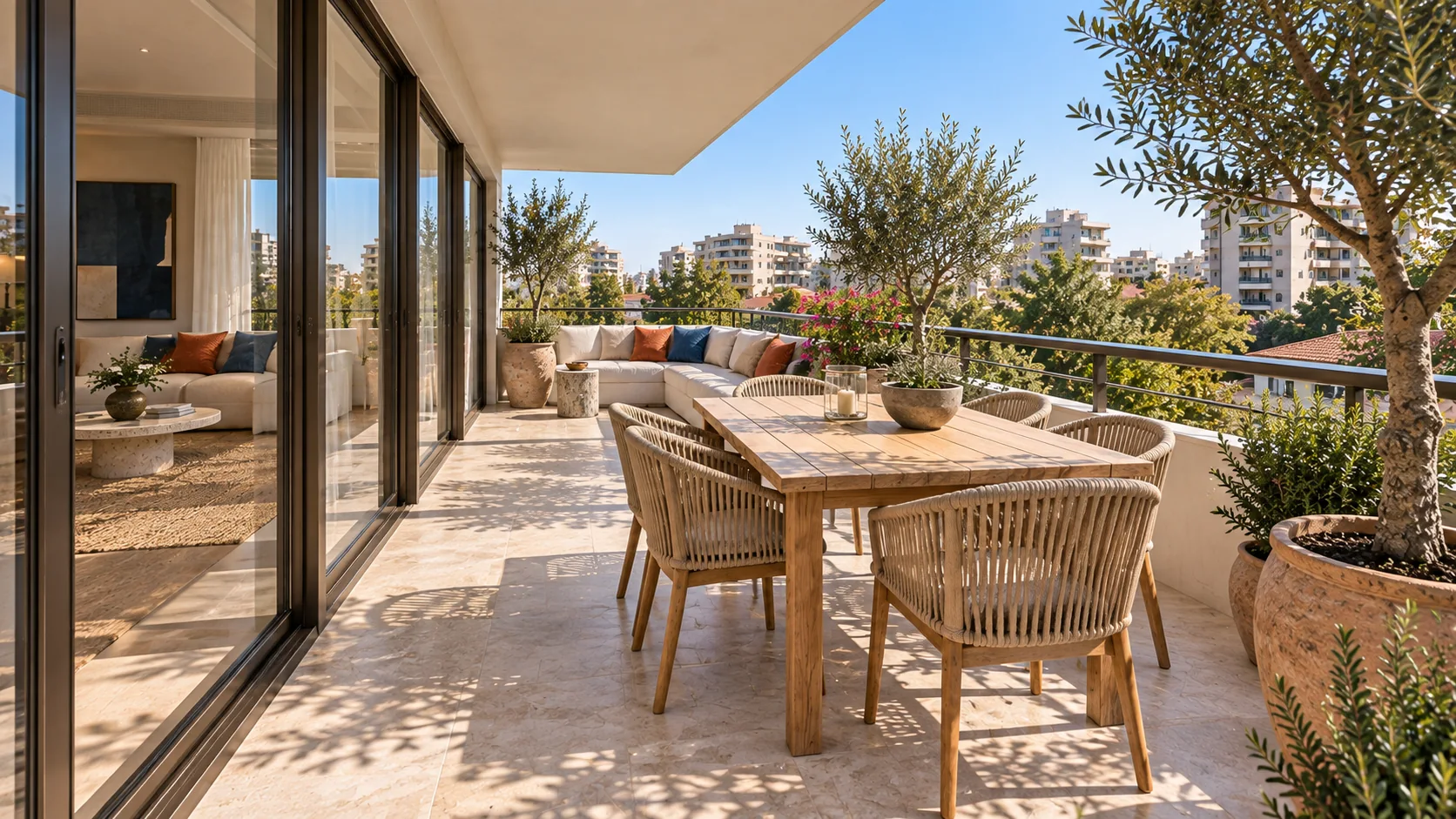 Randare 3D a zonei de luat masa de pe balconul Casa Levante.